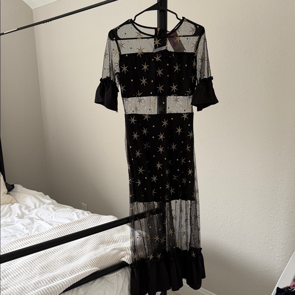 Beauty Garden Elegant Black Star Pattern Dress mesh ruffles size M New with tags